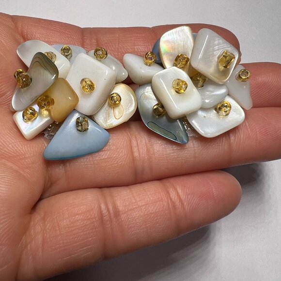 1950s Japan Clip-On Earrings Mother of Pearl cluster earrings Shell & Glass Bead - Picture 1 of 7